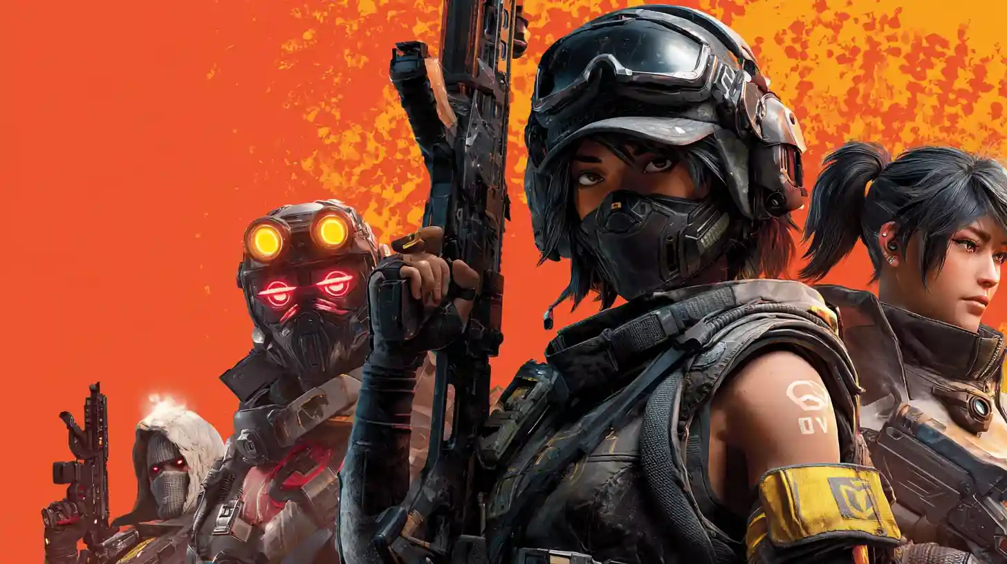 ภาพตัวละครเกมอีสปอร์ตถืออาวุธพร้อมฉากหลังสีส้ม