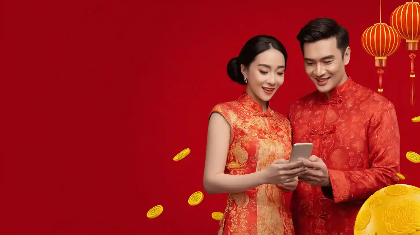 คู่รักใส่ชุดแดงใช้มือถือมีเหรียญทองลอยรอบตัว