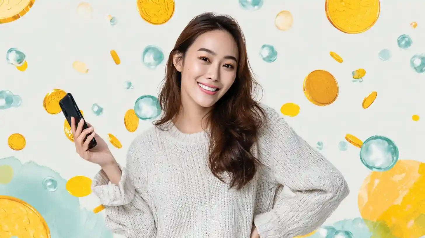 สาวใส่เสื้อไหมพรมสีเทาถือมือถือยิ้มฉากหลังเหรียญทองและฟองน้ำ